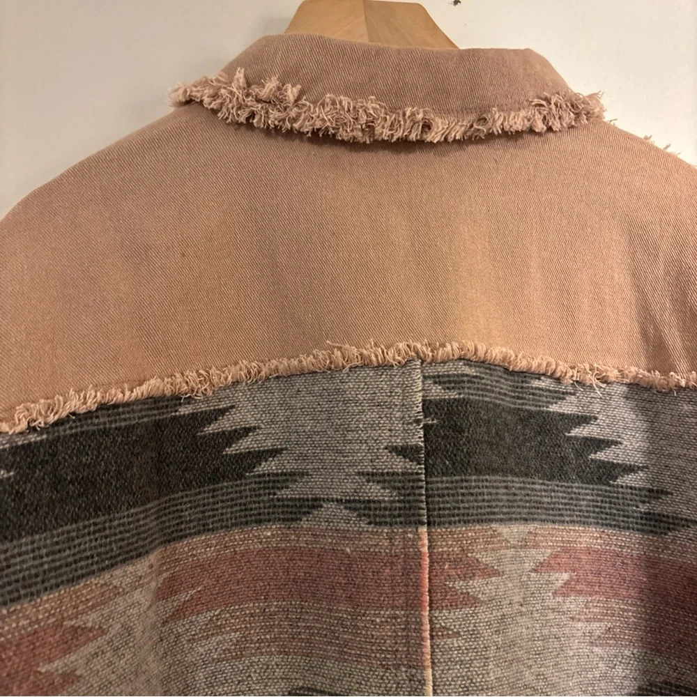 Mystree Womens S Western Wool Bl Blanket Denim Raw Edge Snap Pink Shacket Jacket